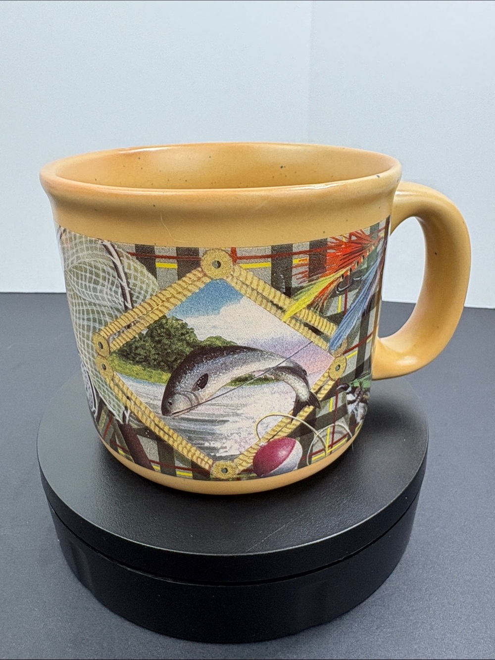 Russ Berrie Vintage Fishing Mug Brown Speckled With All Round Picture